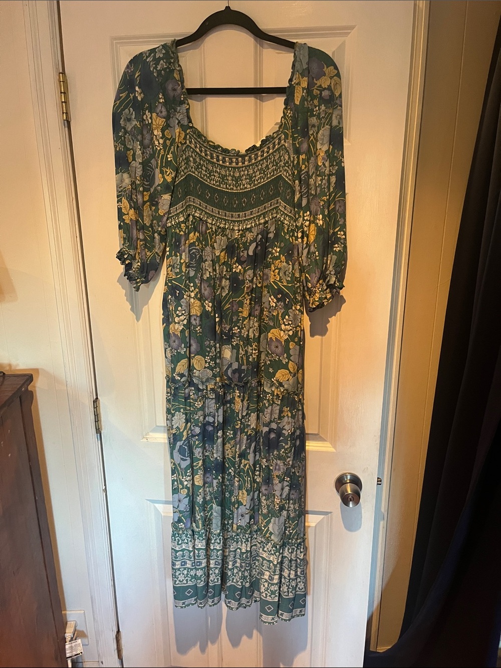 Green Floral Smocked Maxi Dress with Puff Sleeves
